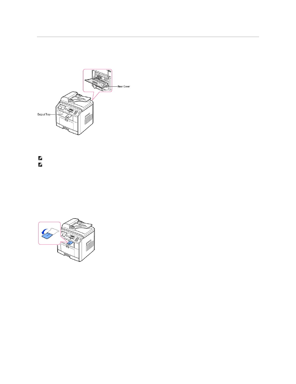 Selecting an output location, Printing to the output tray (face down), Printing to the rear cover (face up) | Dell 1815dn Multifunction Mono Laser Printer User Manual | Page 85 / 148