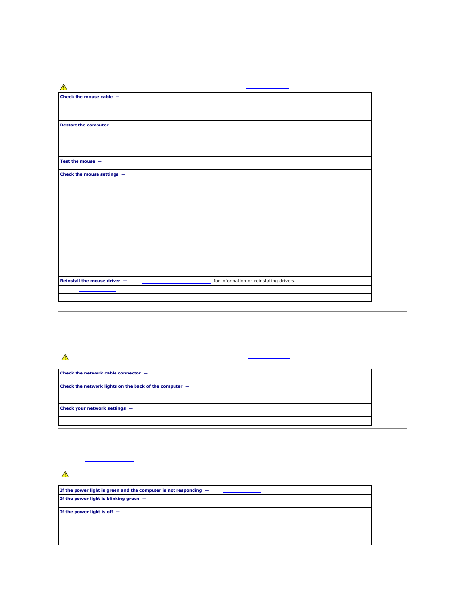 Mouse problems, Network problems, Power problems | Dell OptiPlex GX60 User Manual | Page 170 / 181