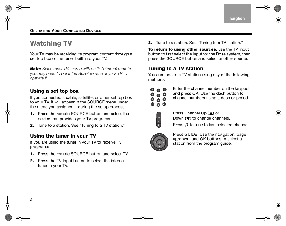 Watching tv, Using a set top box, Using the tuner in your tv | Tuning to a tv station | Bose Home Entertainment Systems V35 User Manual | Page 14 / 92