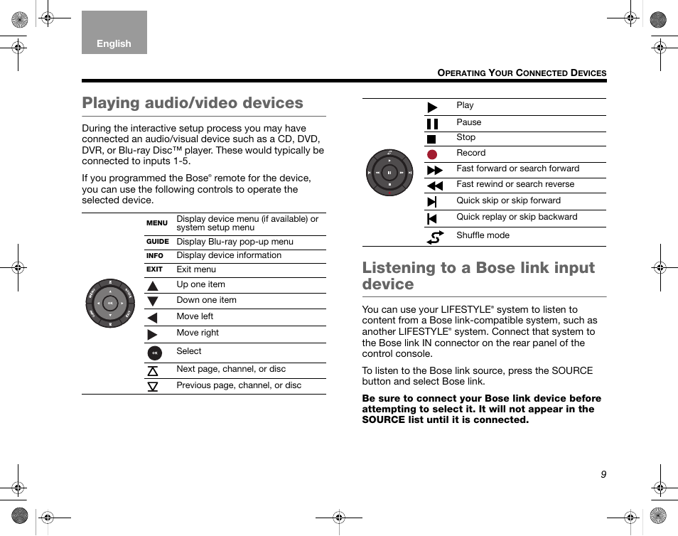 Playing audio/video devices, Listening to a bose link input device | Bose Home Entertainment Systems V35 User Manual | Page 15 / 92
