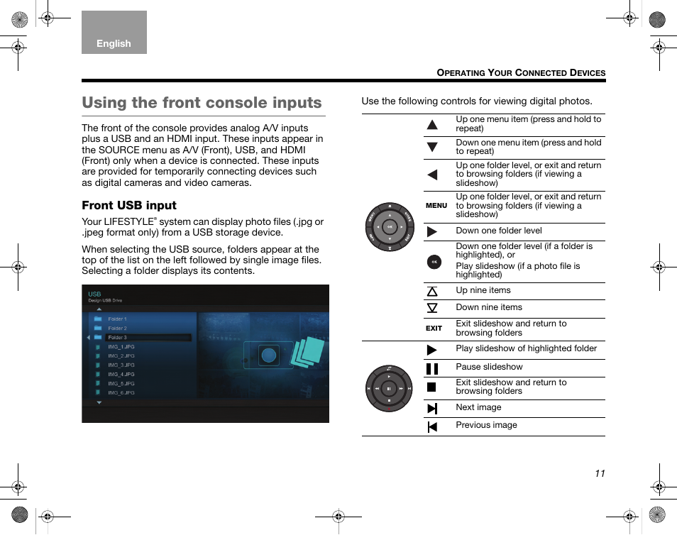 Using the front console inputs, Front usb input | Bose Home Entertainment Systems V35 User Manual | Page 17 / 92
