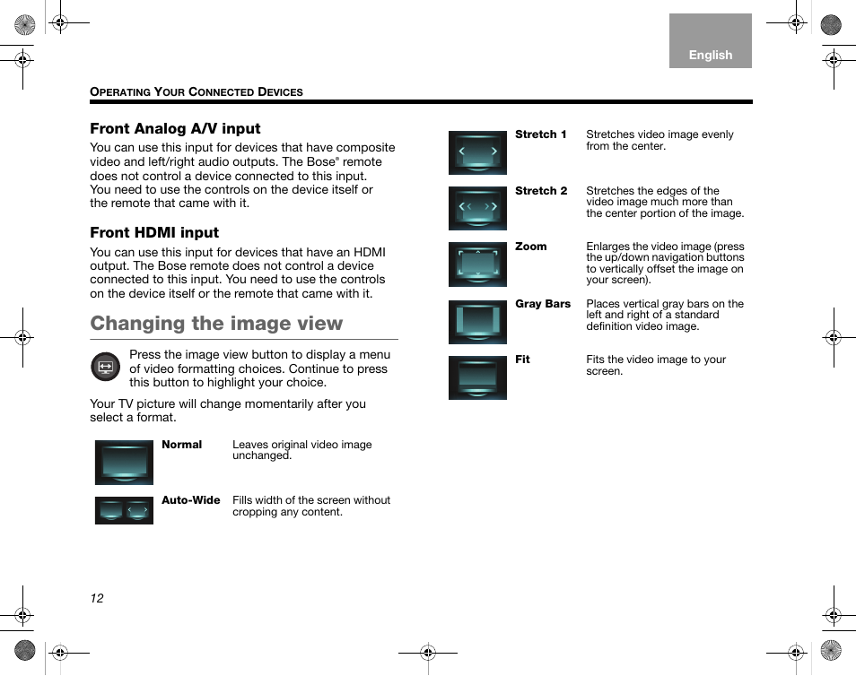 Front analog a/v input, Front hdmi input, Changing the image view | Bose Home Entertainment Systems V35 User Manual | Page 18 / 92