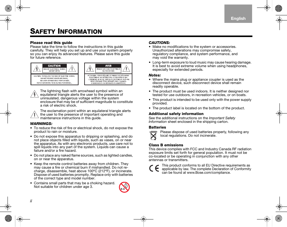 Afety, Nformation | Bose Home Entertainment Systems V35 User Manual | Page 2 / 92