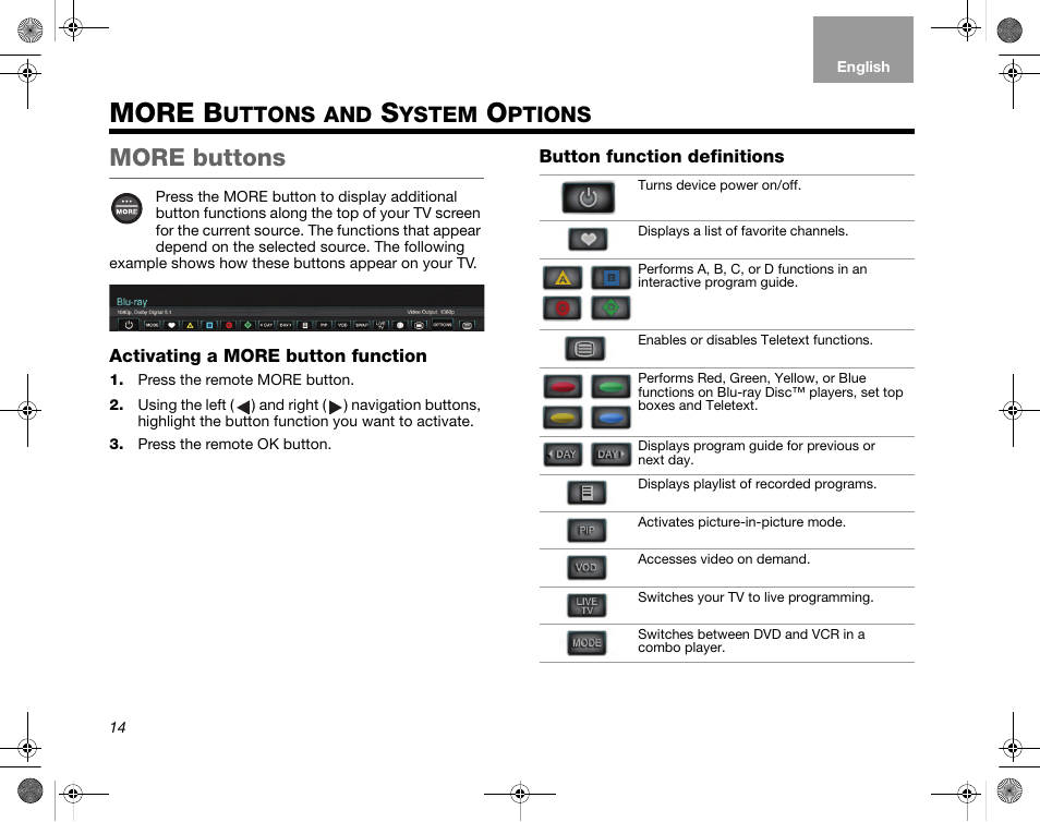 More b, Uttons, Ystem | Ptions, More buttons, Activating a more button function, Button function definitions | Bose Home Entertainment Systems V35 User Manual | Page 20 / 92