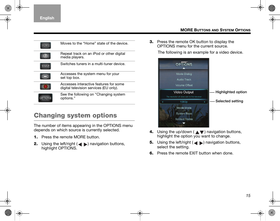 Changing system options | Bose Home Entertainment Systems V35 User Manual | Page 21 / 92