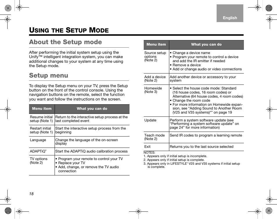 Sing, Etup, About the setup mode | Setup menu | Bose Home Entertainment Systems V35 User Manual | Page 24 / 92