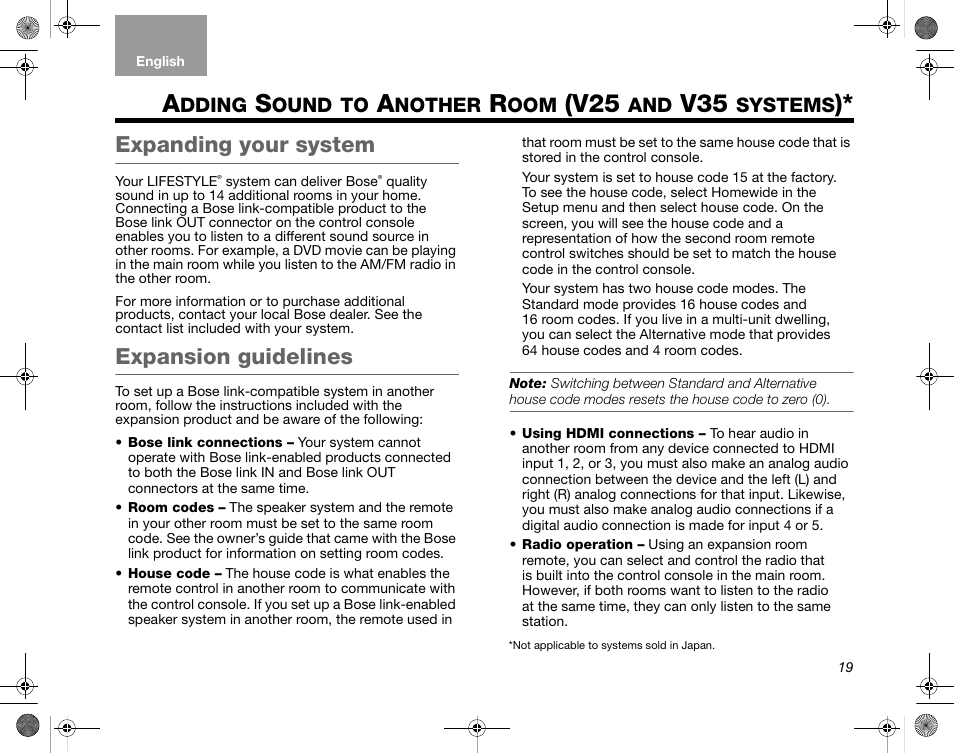 Dding, Ound, Nother | Systems, Expanding your system, Expansion guidelines | Bose Home Entertainment Systems V35 User Manual | Page 25 / 92