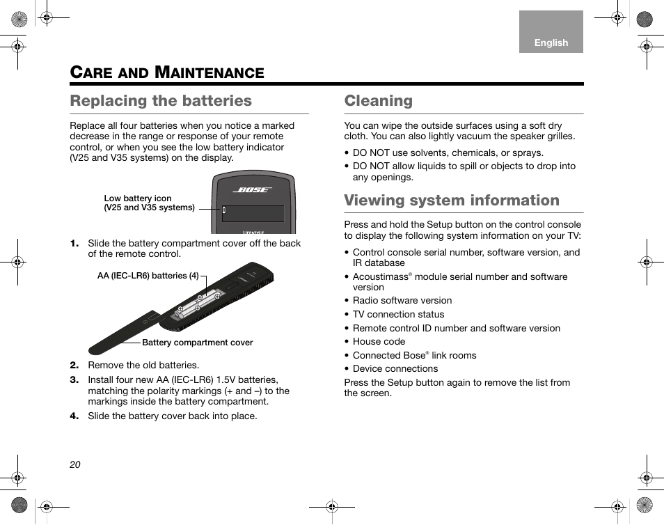 Aintenance, Replacing the batteries, Cleaning | Viewing system information | Bose Home Entertainment Systems V35 User Manual | Page 26 / 92
