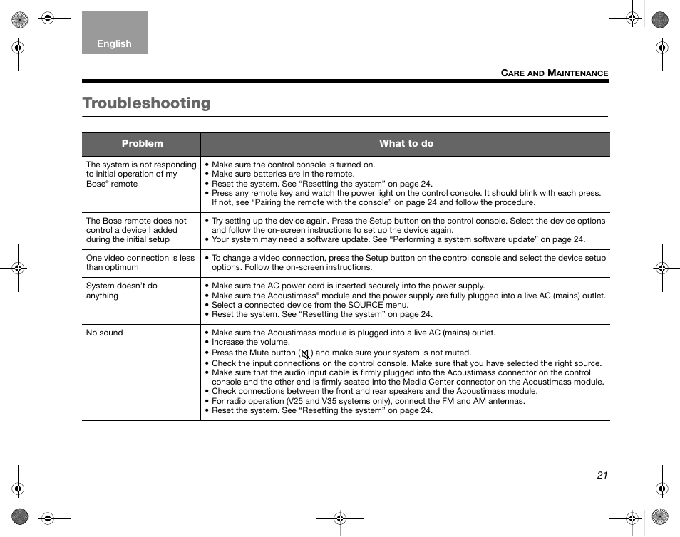 Troubleshooting | Bose Home Entertainment Systems V35 User Manual | Page 27 / 92
