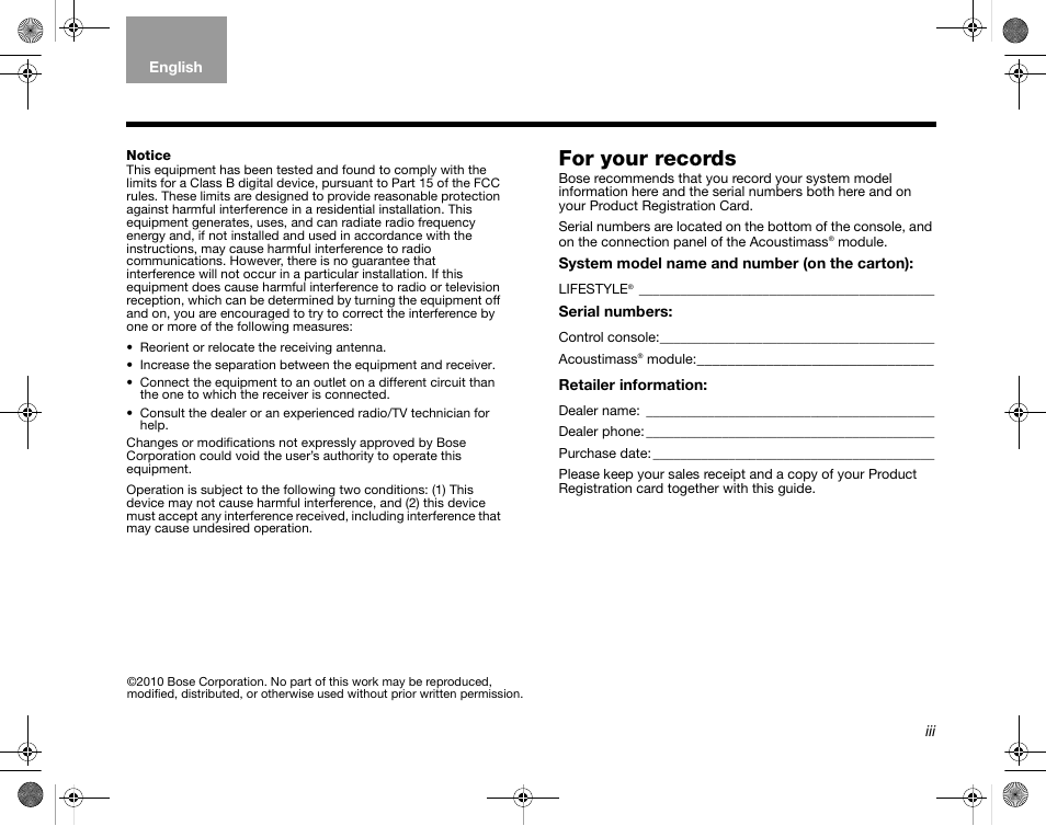 For your records | Bose Home Entertainment Systems V35 User Manual | Page 3 / 92