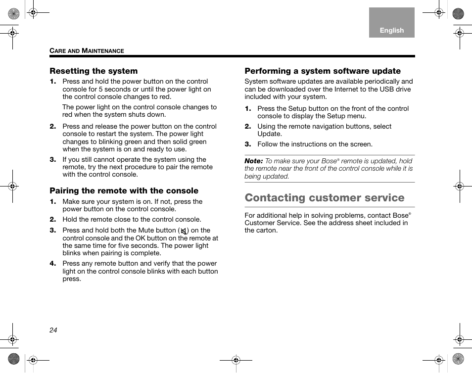 Resetting the system, Pairing the remote with the console, Performing a system software update | Contacting customer service | Bose Home Entertainment Systems V35 User Manual | Page 30 / 92