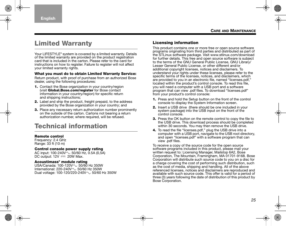 Limited warranty, Technical information | Bose Home Entertainment Systems V35 User Manual | Page 31 / 92