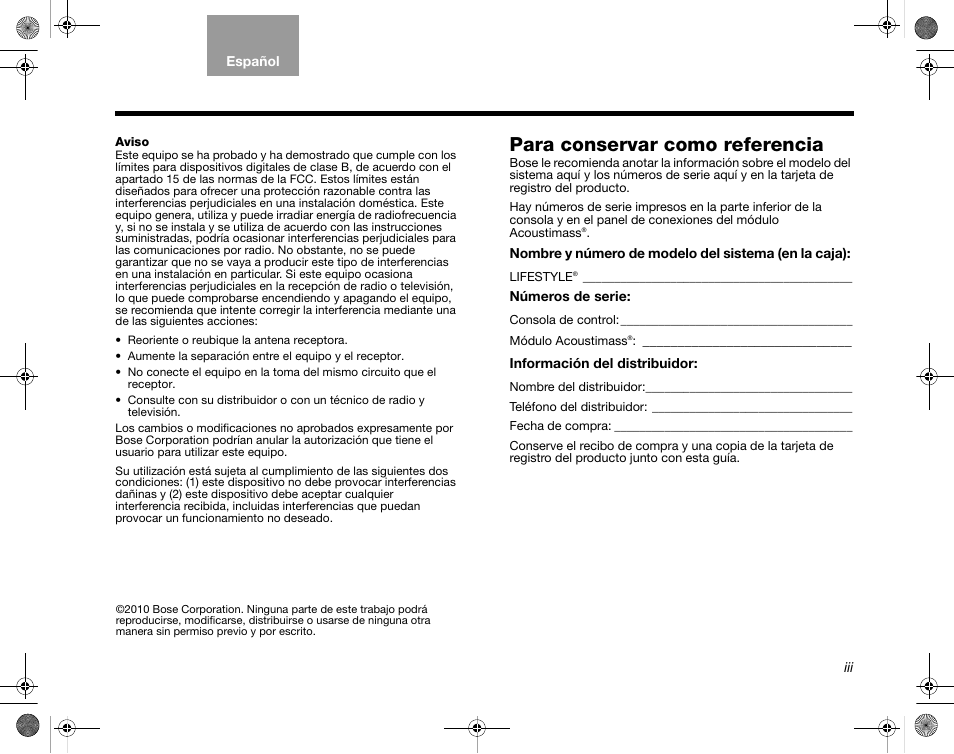 Para conservar como referencia | Bose Home Entertainment Systems V35 User Manual | Page 33 / 92