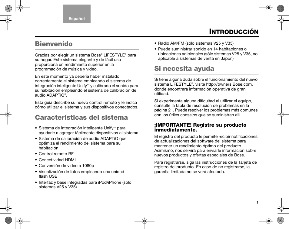 Ntroducción, Características del sistema, Si necesita ayuda | Bienvenido | Bose Home Entertainment Systems V35 User Manual | Page 37 / 92