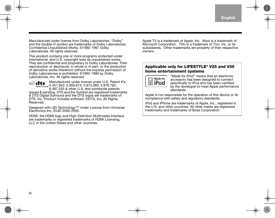 Bose Home Entertainment Systems V35 User Manual | Page 4 / 92