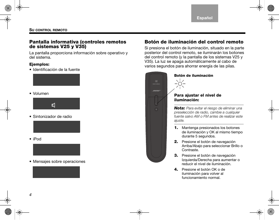 Botón de iluminación del control remoto | Bose Home Entertainment Systems V35 User Manual | Page 40 / 92