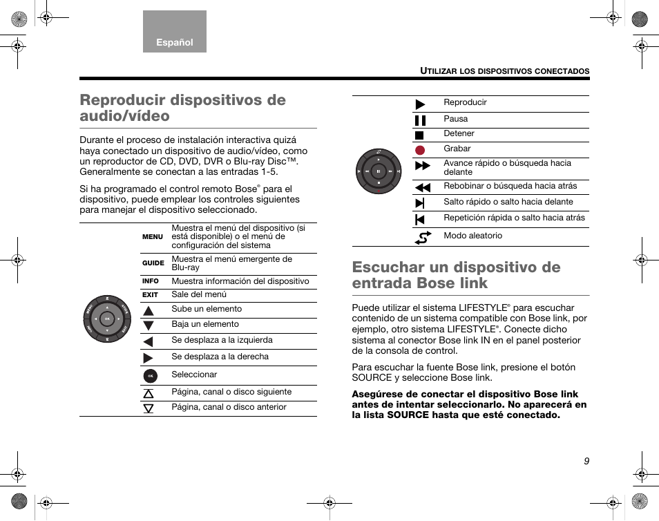 Reproducir dispositivos de audio/vídeo, Escuchar un dispositivo de entrada bose link | Bose Home Entertainment Systems V35 User Manual | Page 45 / 92