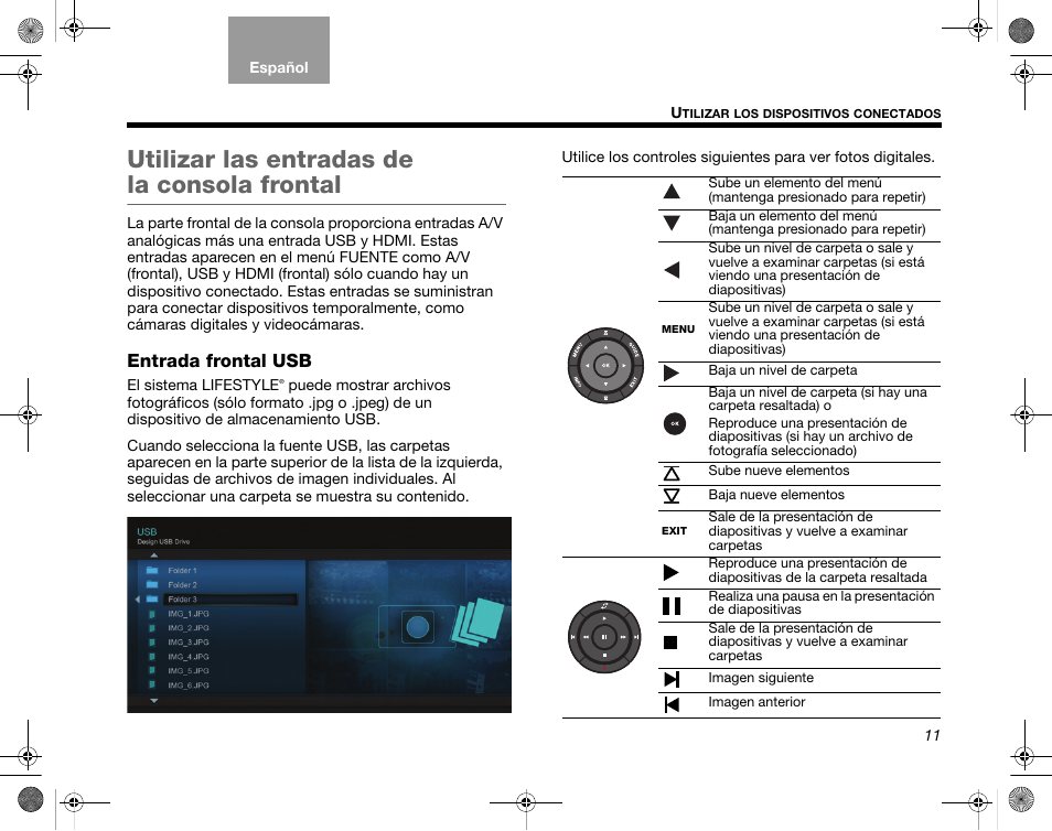 Utilizar las entradas de la consola frontal, Entrada frontal usb | Bose Home Entertainment Systems V35 User Manual | Page 47 / 92
