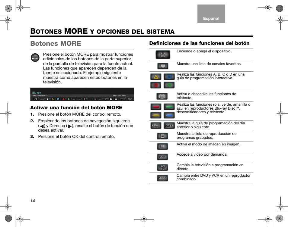 Otones, More, Opciones | Sistema, Botones more, Activar una función del botón more, Definiciones de las funciones del botón | Bose Home Entertainment Systems V35 User Manual | Page 50 / 92
