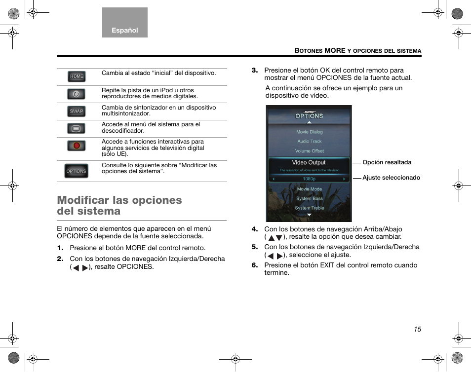 Modificar las opciones del sistema | Bose Home Entertainment Systems V35 User Manual | Page 51 / 92