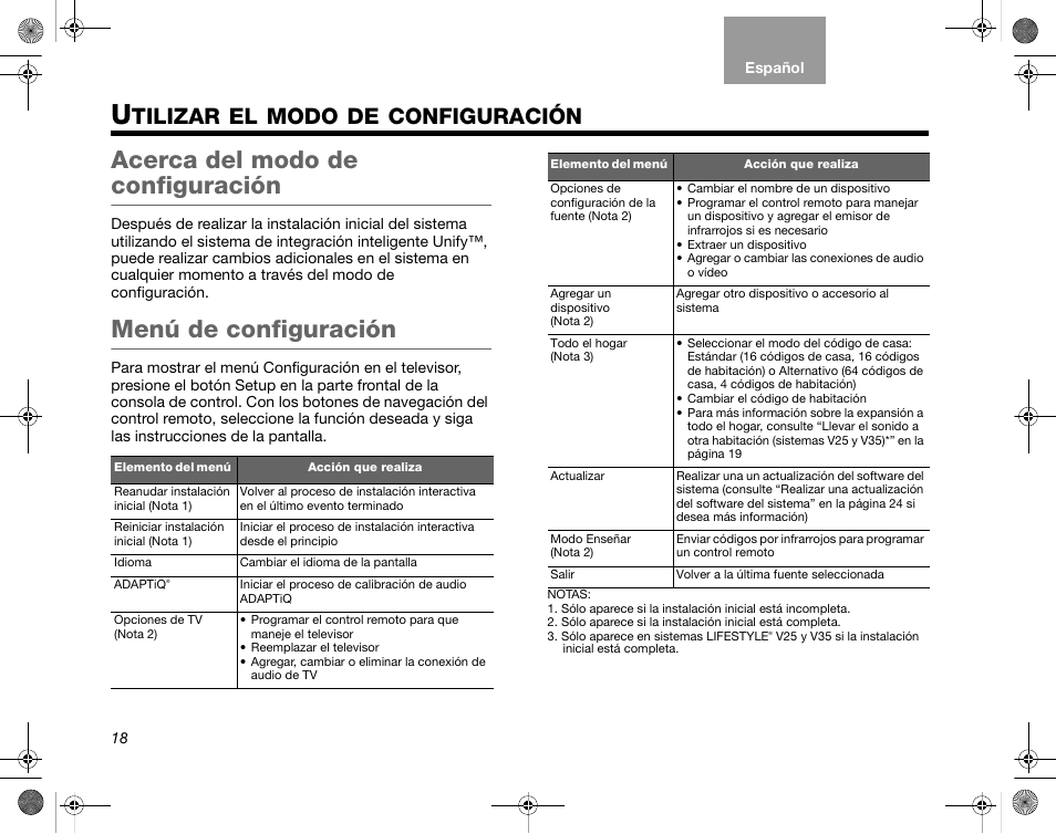 Tilizar, Modo, Instalación | Acerca del modo de configuración, Menú de configuración, Configuración | Bose Home Entertainment Systems V35 User Manual | Page 54 / 92