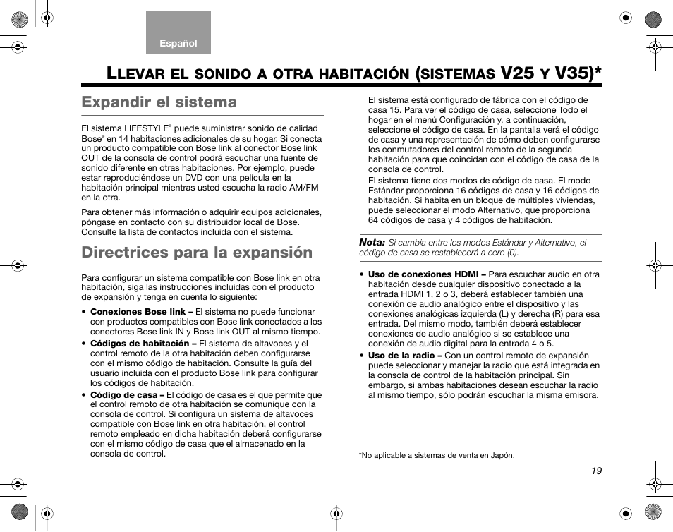 Levar, Sonido, Otra | Habitación, Sistemas, V35), Expandir el sistema, Directrices para la expansión | Bose Home Entertainment Systems V35 User Manual | Page 55 / 92