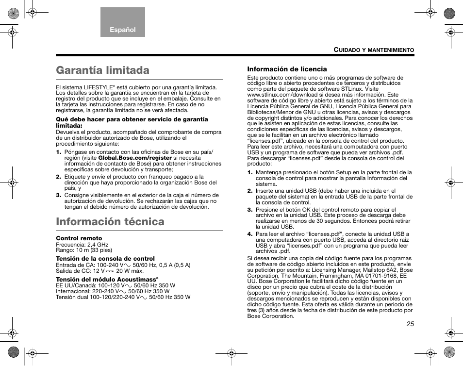Garantía limitada, Información técnica | Bose Home Entertainment Systems V35 User Manual | Page 61 / 92
