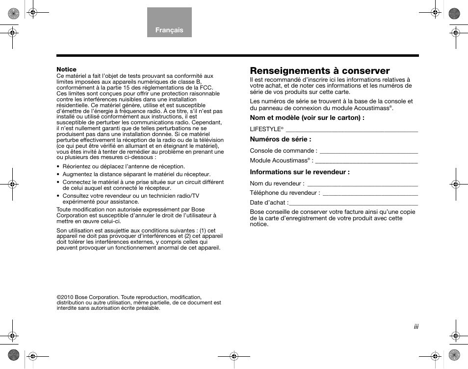 Renseignements à conserver | Bose Home Entertainment Systems V35 User Manual | Page 63 / 92