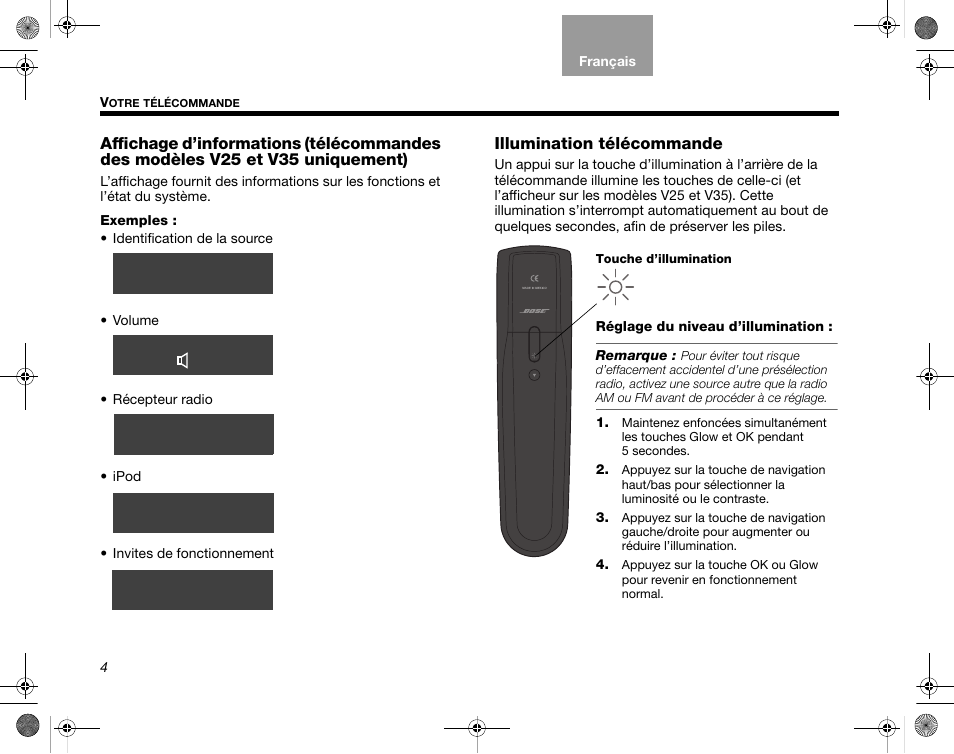 Illumination télécommande | Bose Home Entertainment Systems V35 User Manual | Page 70 / 92