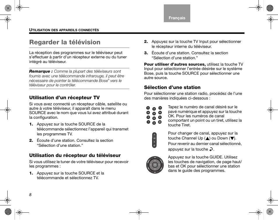 Regarder la télévision, Utilisation d’un récepteur tv, Utilisation du réglage d’accord du téléviseur | Sélection d’une station | Bose Home Entertainment Systems V35 User Manual | Page 74 / 92