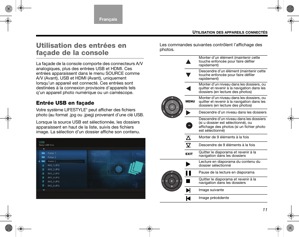 Utilisation des entrées en façade de la console, Entrées usb en façade, Entrée usb en façade | Bose Home Entertainment Systems V35 User Manual | Page 77 / 92