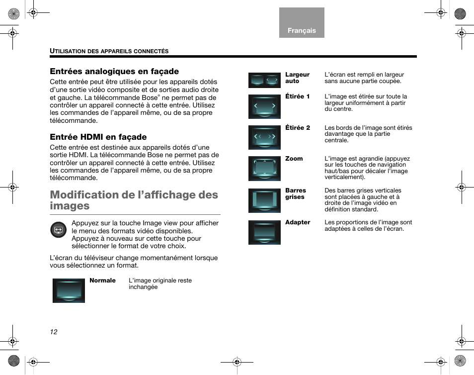 Entrées analogiques en façade, Entrée hdmi en façade, Modification de l’affichage des images | Bose Home Entertainment Systems V35 User Manual | Page 78 / 92