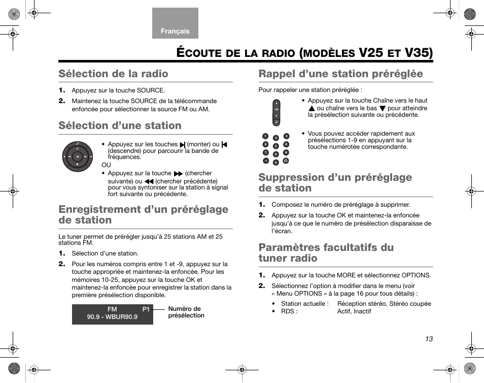 Coute, Radio, Modèles | V35), Sélection de la radio, Sélection d’une station, Enregistrement d’un préréglage de station, Rappel d’une station préréglée, Suppression d’un préréglage de station, Paramètres facultatifs du tuner radio | Bose Home Entertainment Systems V35 User Manual | Page 79 / 92