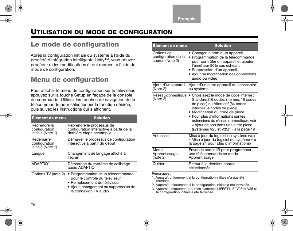 Tilisation, Mode, Configuration | Le mode de configuration, Menu de configuration | Bose Home Entertainment Systems V35 User Manual | Page 84 / 92
