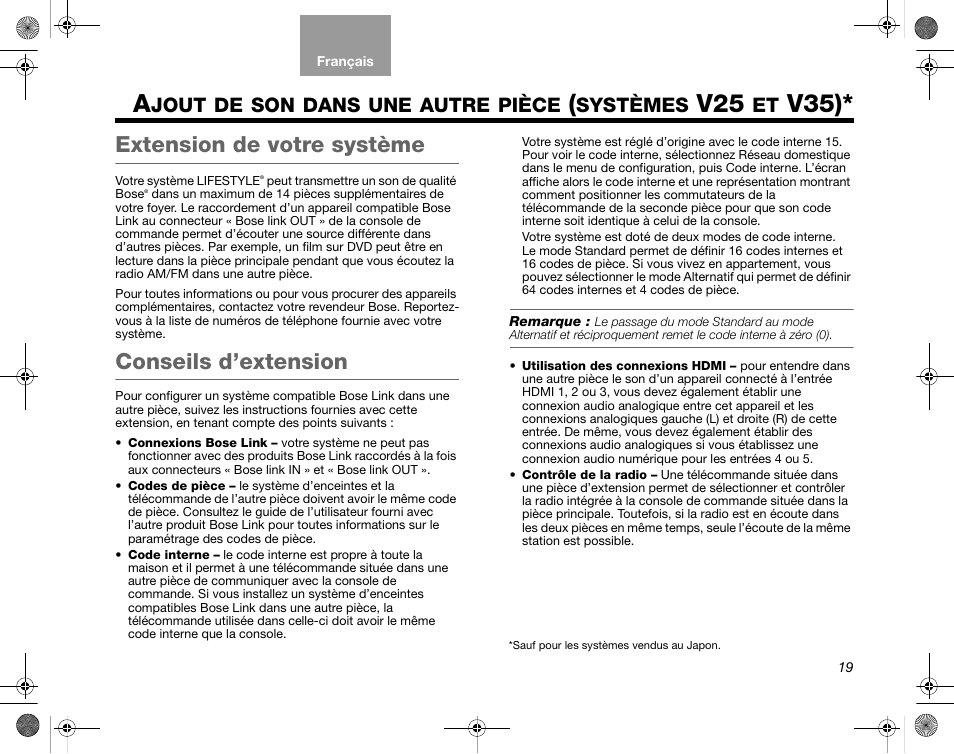 Jout, Dans, Autres | Pièces, Modèles, V35), Extension de votre système, Conseils d’extension, Autre, Pièce | Bose Home Entertainment Systems V35 User Manual | Page 85 / 92