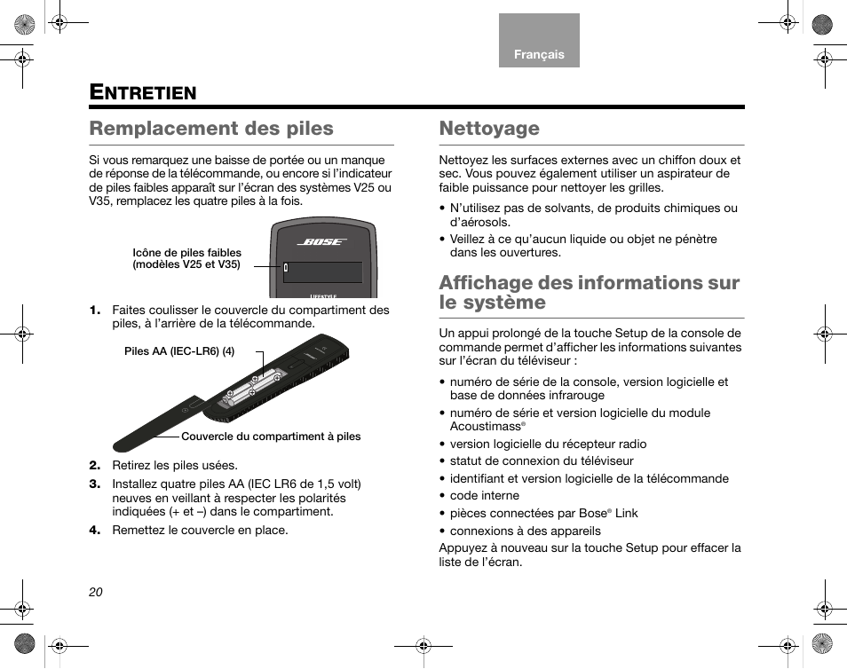 Ntretien, Remplacement des piles, Nettoyage | Affichage des informations sur le système | Bose Home Entertainment Systems V35 User Manual | Page 86 / 92