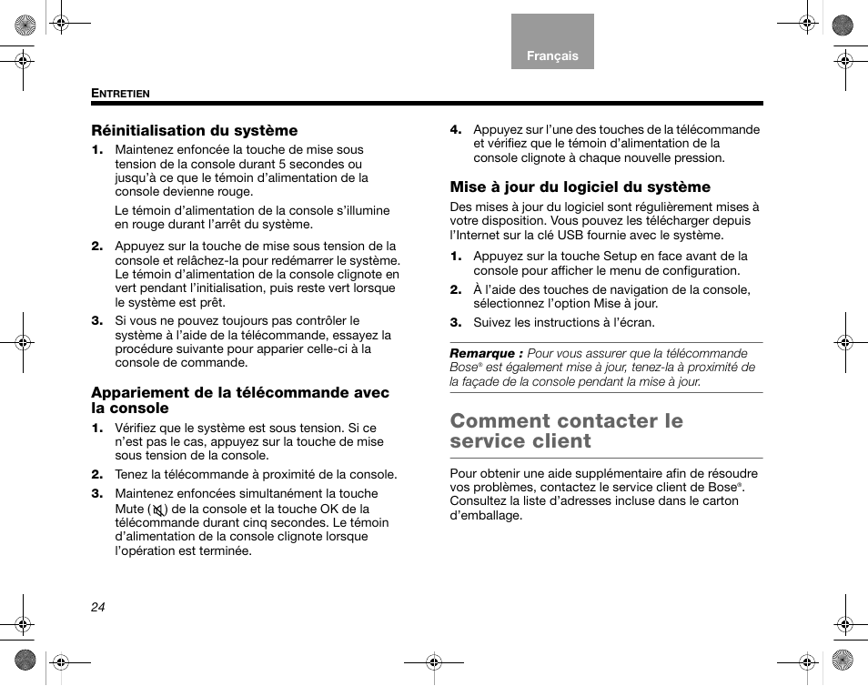 Réinitialisation du système, Appariement de la télécommande avec la console, Mise à jour du logiciel du système | Comment contacter le service client, À la section « mise à jour du logiciel | Bose Home Entertainment Systems V35 User Manual | Page 90 / 92
