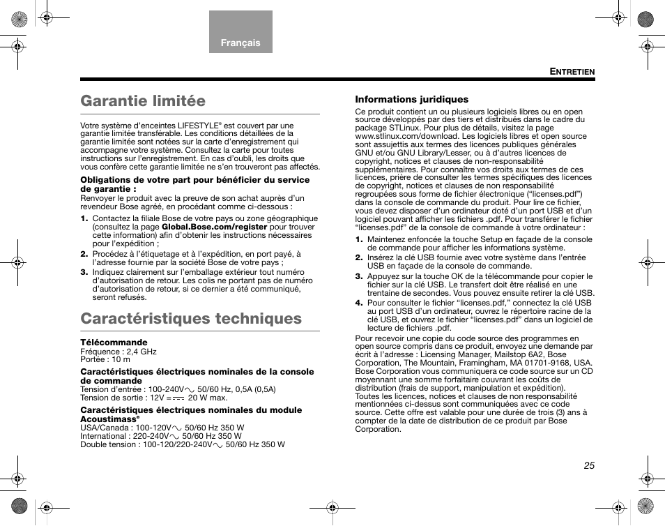 Garantie limitée, Caractéristiques techniques | Bose Home Entertainment Systems V35 User Manual | Page 91 / 92