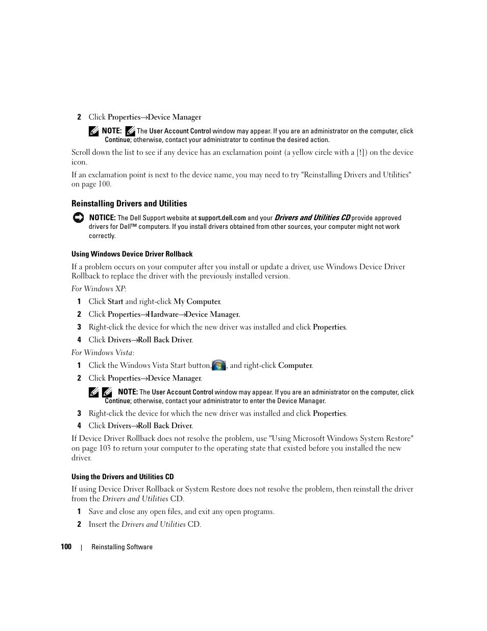 Reinstalling drivers and utilities | Dell Latitude D830 (Early 2007) User Manual | Page 100 / 158
