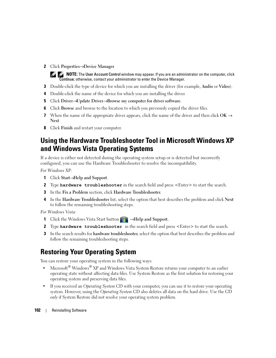 Restoring your operating system | Dell Latitude D830 (Early 2007) User Manual | Page 102 / 158