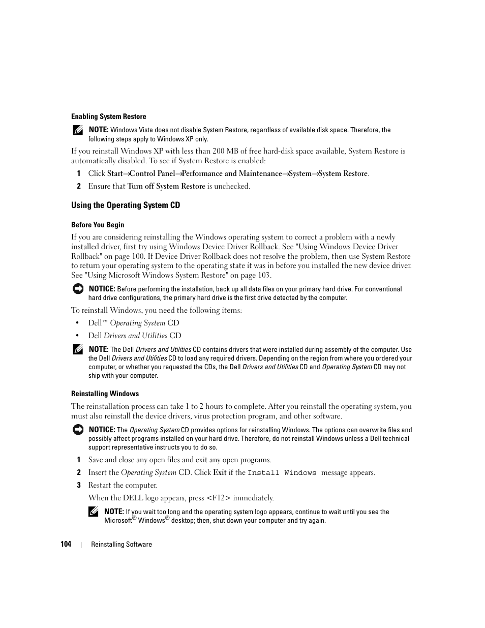 Using the operating system cd | Dell Latitude D830 (Early 2007) User Manual | Page 104 / 158