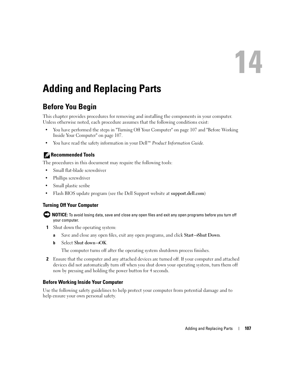 Adding and replacing parts, Before you begin, Recommended tools | Turning off your computer, Before working inside your computer, 14 adding and replacing parts | Dell Latitude D830 (Early 2007) User Manual | Page 107 / 158
