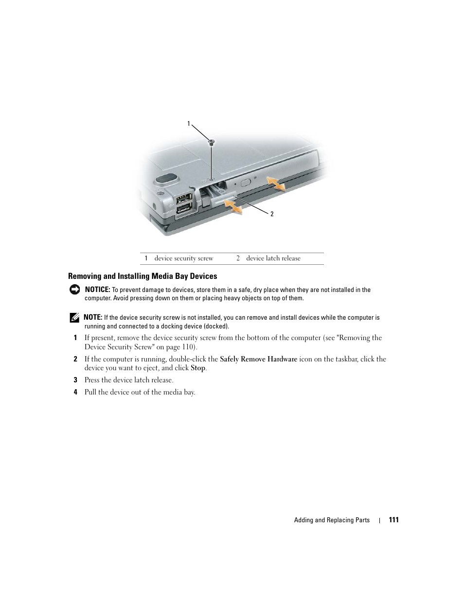 Removing and installing media bay devices | Dell Latitude D830 (Early 2007) User Manual | Page 111 / 158