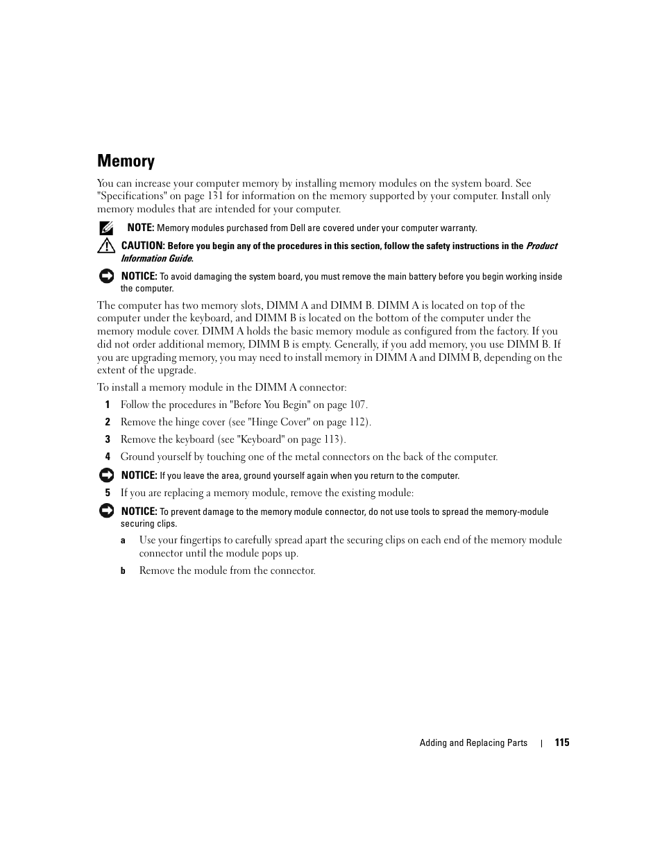 Memory, Second memory module (see "memory" on, R (see "memory | Dell Latitude D830 (Early 2007) User Manual | Page 115 / 158