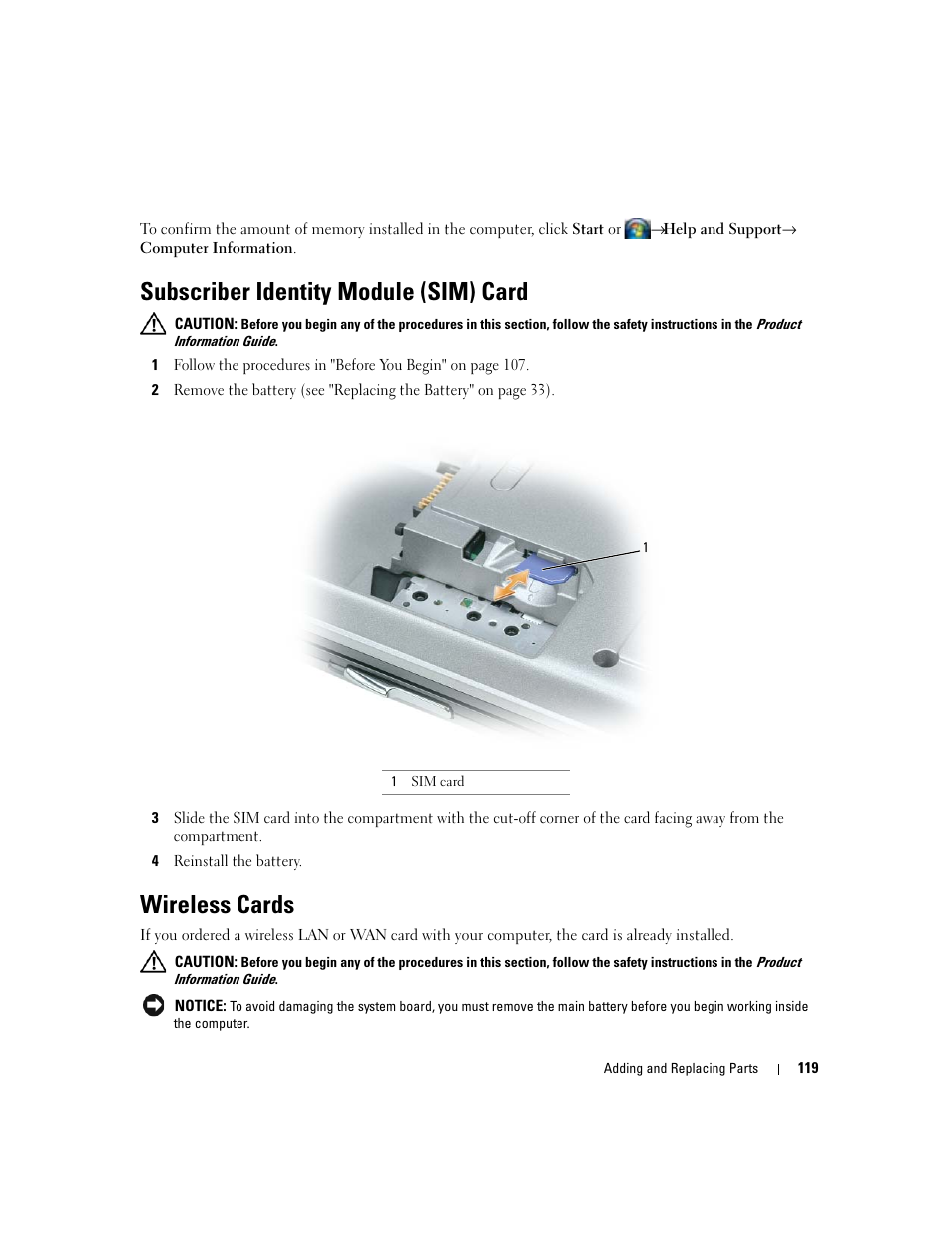 Subscriber identity module (sim) card, Wireless cards | Dell Latitude D830 (Early 2007) User Manual | Page 119 / 158