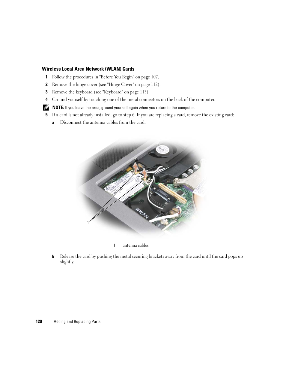 Wireless local area network (wlan) cards | Dell Latitude D830 (Early 2007) User Manual | Page 120 / 158
