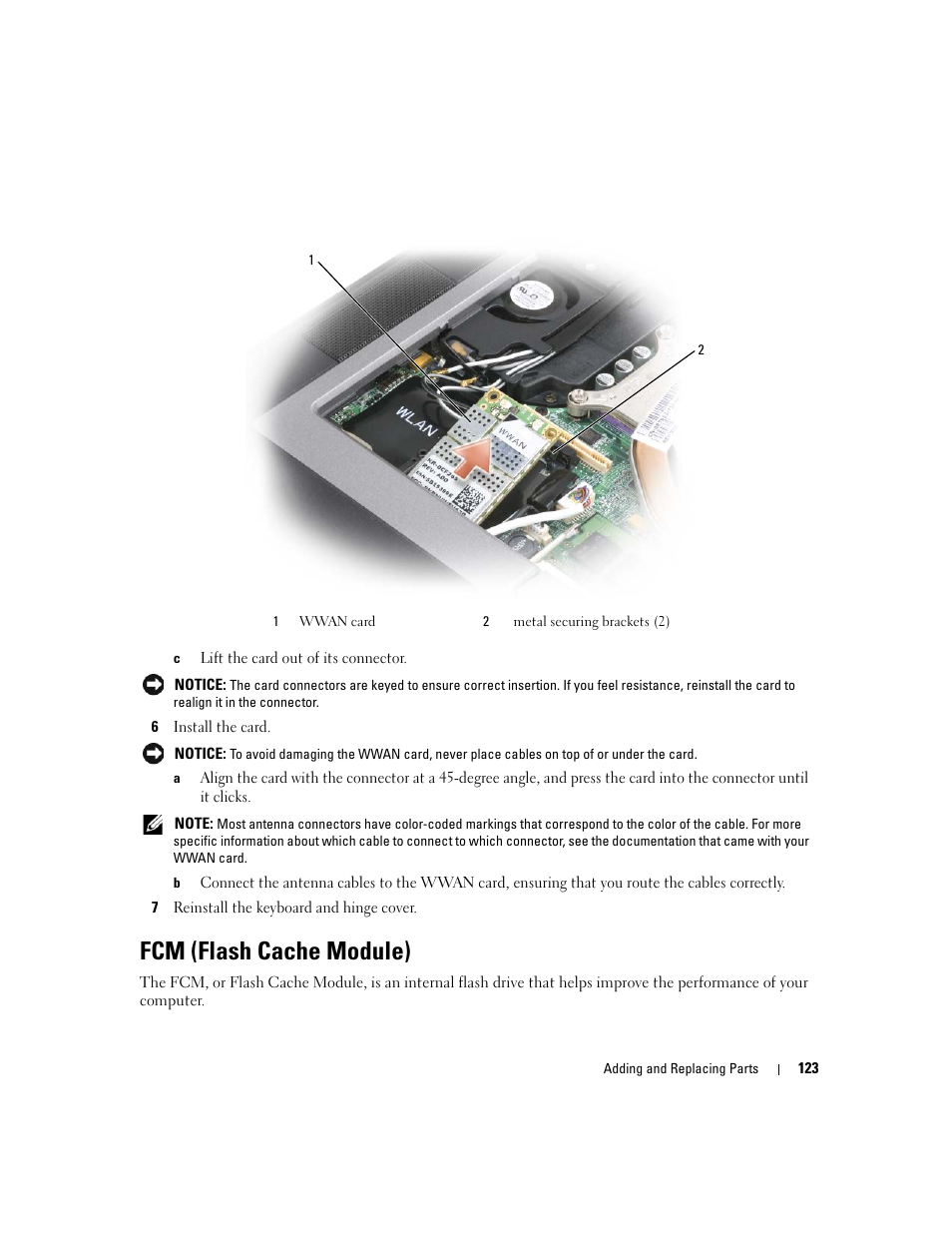 Fcm (flash cache module) | Dell Latitude D830 (Early 2007) User Manual | Page 123 / 158