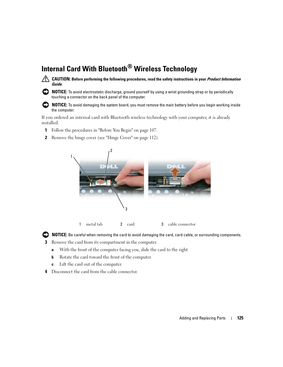 Internal card with bluetooth® wireless technology, Internal card with bluetooth, Wireless technology | Dell Latitude D830 (Early 2007) User Manual | Page 125 / 158