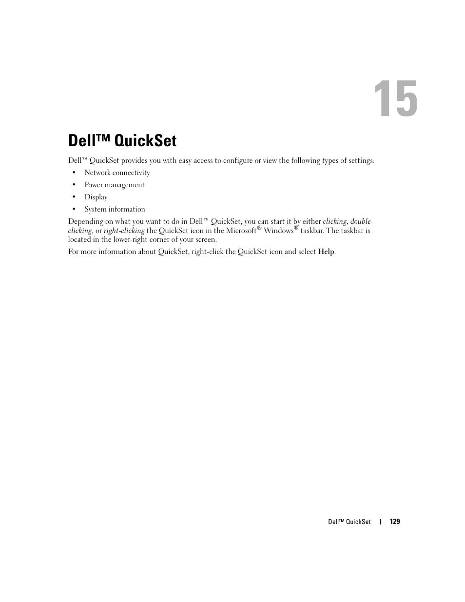 Dell™ quickset, 15 dell™ quickset | Dell Latitude D830 (Early 2007) User Manual | Page 129 / 158