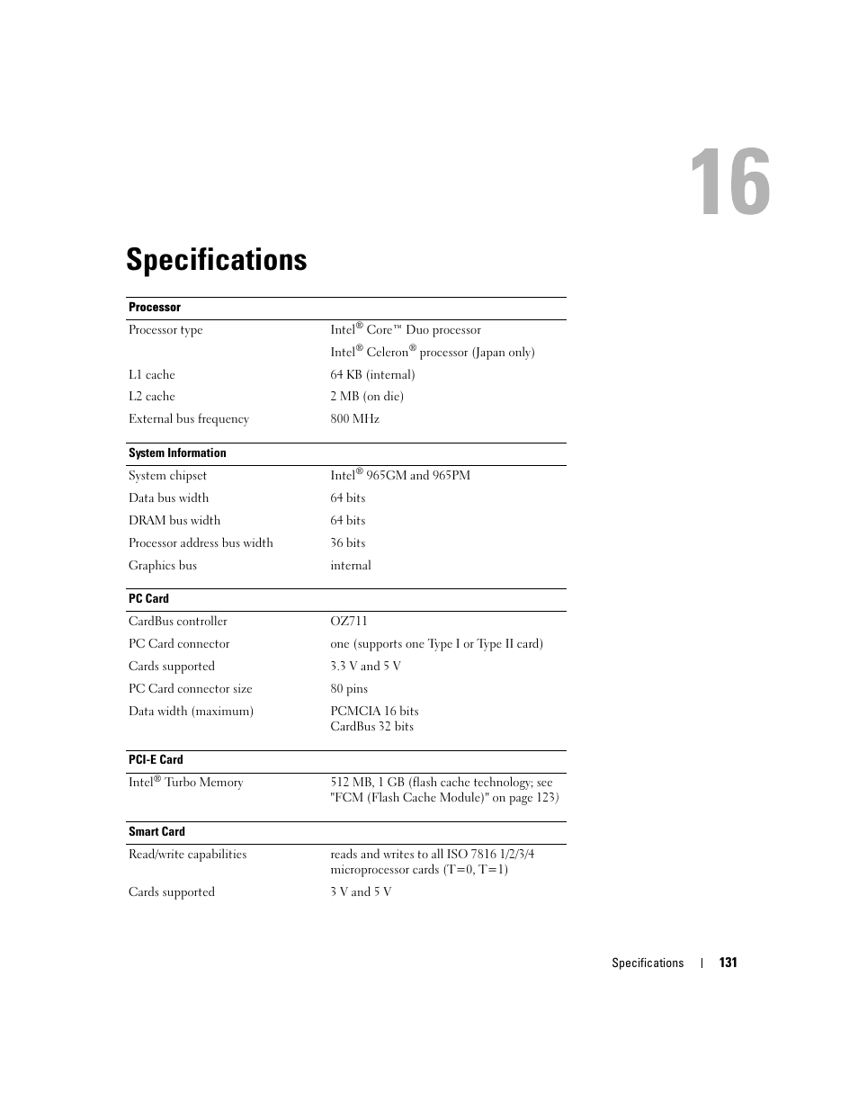 Specifications, 16 specifications | Dell Latitude D830 (Early 2007) User Manual | Page 131 / 158